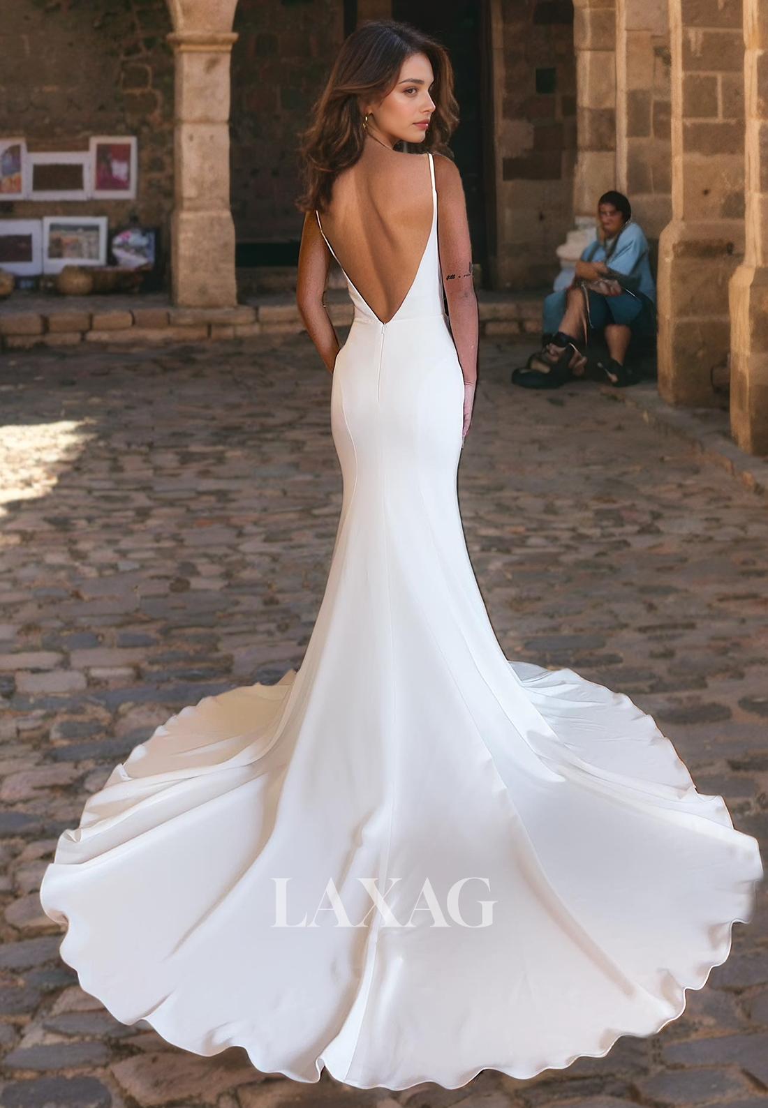 Straps Low V-Neck Backless Sleek Satin Mermaid Wedding Dress with Train