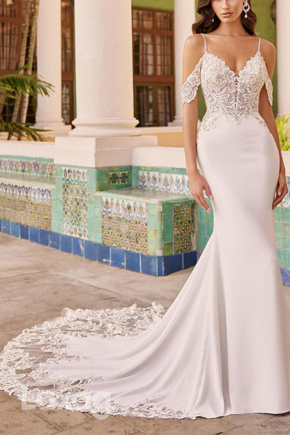 22607 - Straps Off Shoulder Appliques Beaded Mermaid Wedding Dress with Train