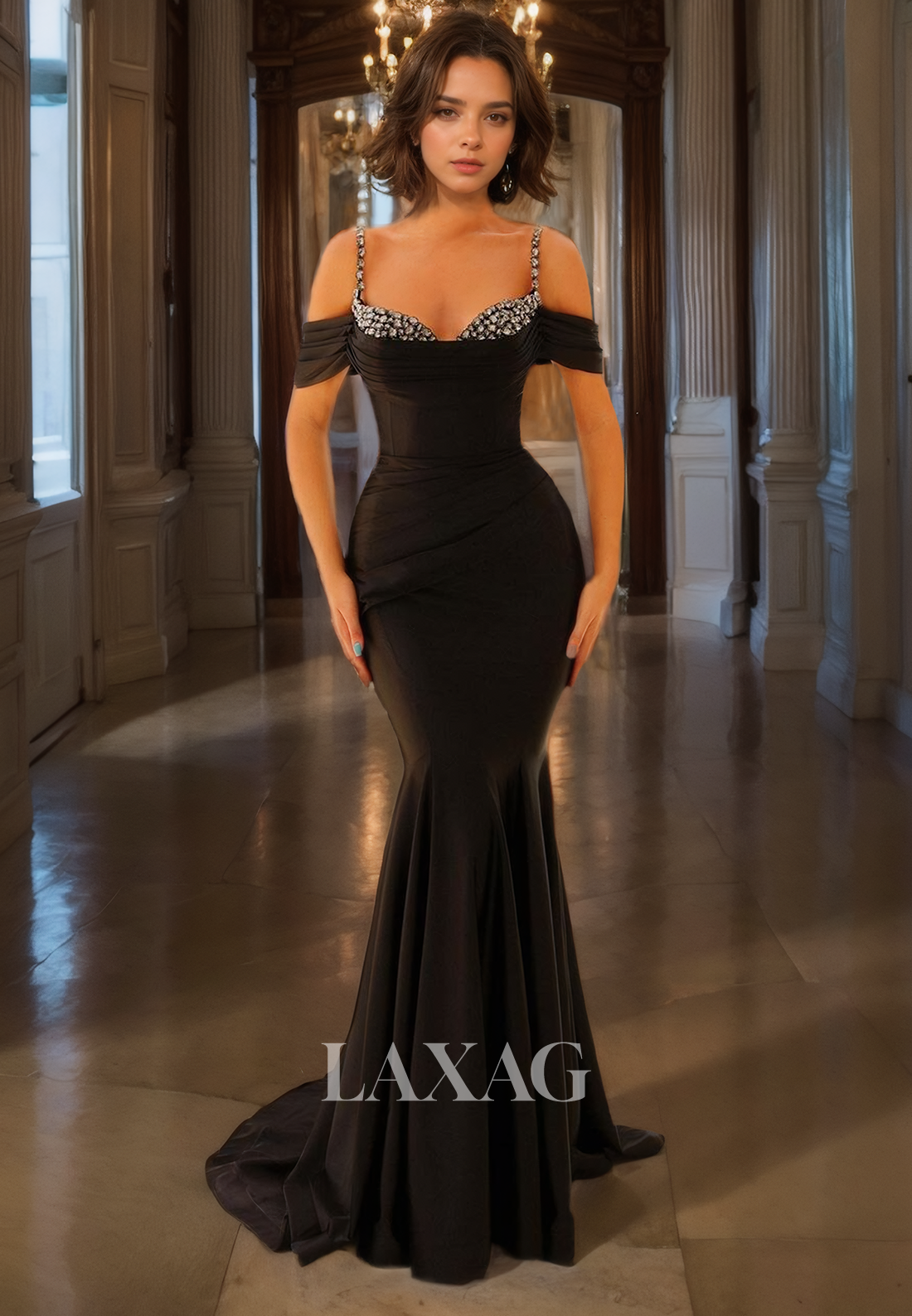 Straps Off Shoulder Beaded Sleek Satin Mermaid Party Prom Formal Evening Dress