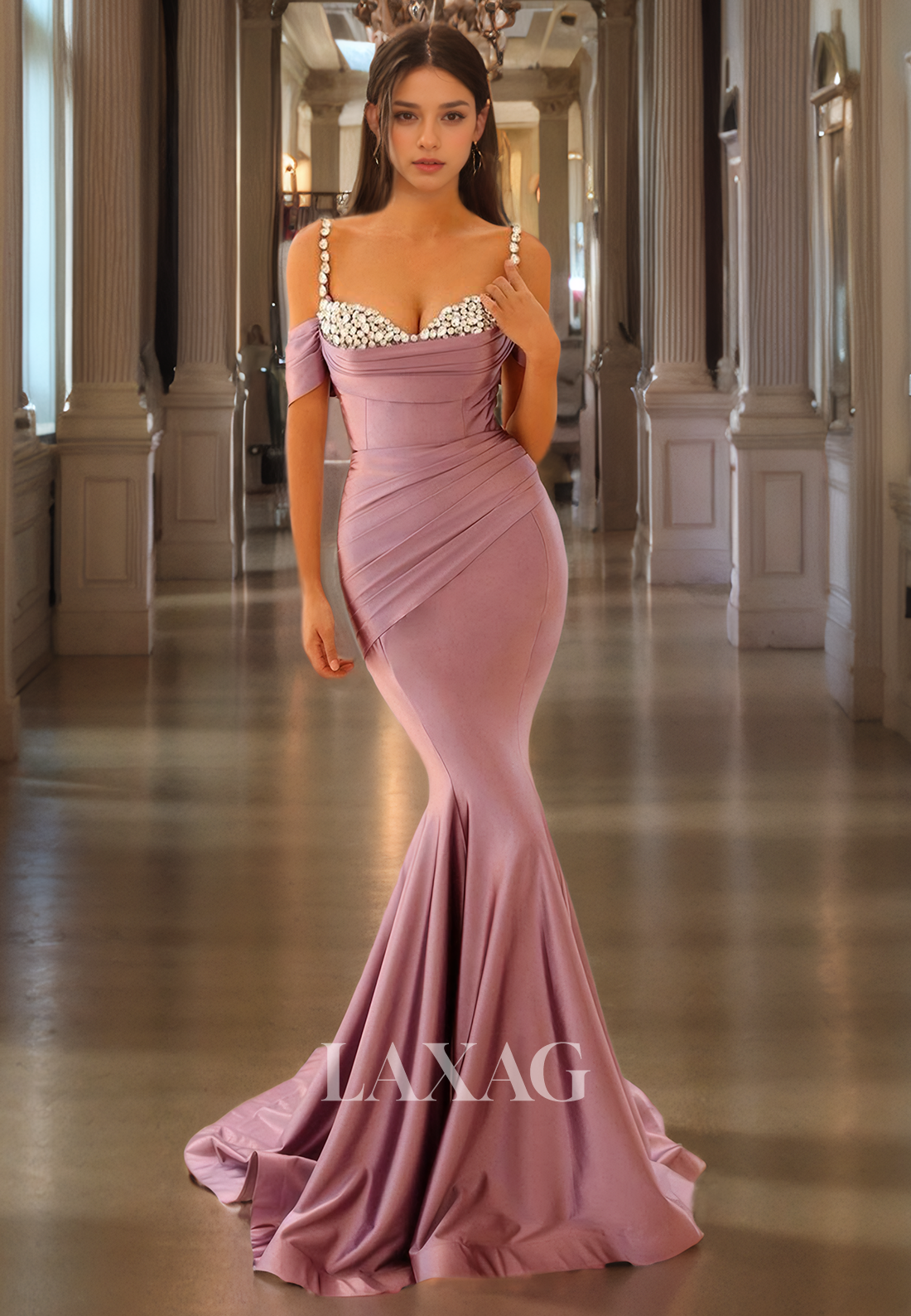 Straps Off Shoulder Beaded Sleek Satin Mermaid Party Prom Formal Evening Dress