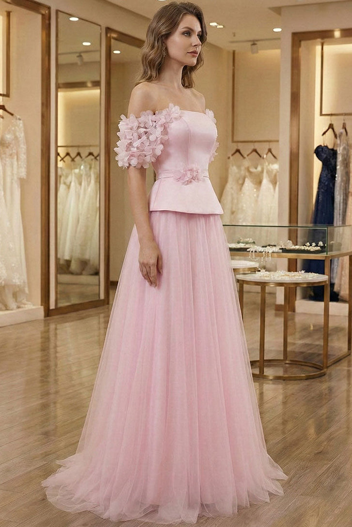 Asymmetrical-Neck Sleeveless Floor-Length 3D-Florals Satin&Tulle Pleated A-Line Prom Dress
