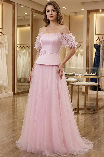 Asymmetrical-Neck Sleeveless Floor-Length 3D-Florals Satin&Tulle Pleated A-Line Prom Dress