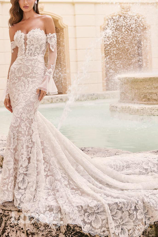 22590 - Sweetheart Appliques Beaded Tulle Mermaid Wedding Dress with Train