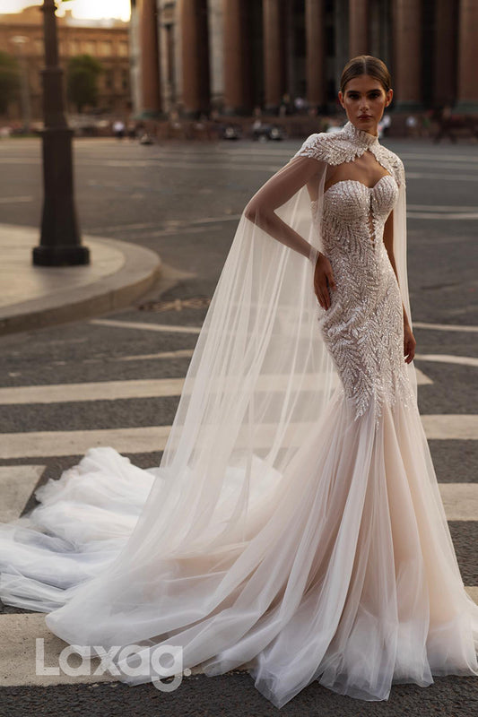 22382 - Sweetheart Appliques Fully Beaded Tulle Mermaid Wedding Dress with Overlay