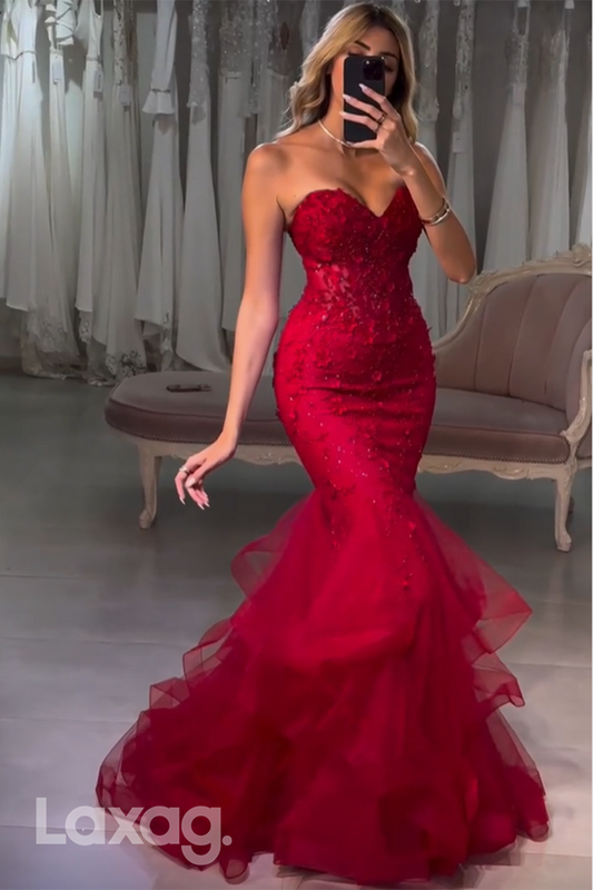 22340 - Sweetheart Appliques Tulle Mermaid Party Prom Formal Evening Dress