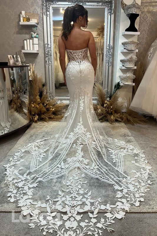22368 - Sweetheart Appliques Tulle Sleek Satin Mermaid Wedding Dress with Train