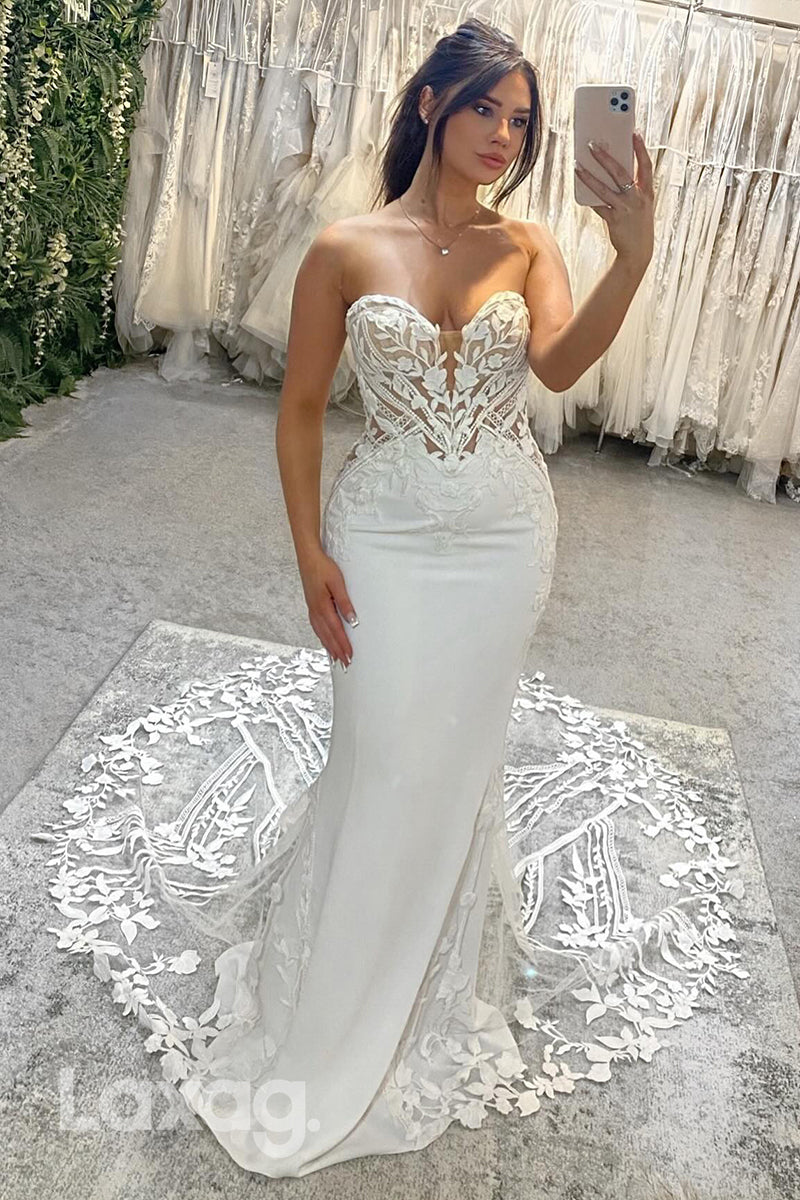 22368 - Sweetheart Appliques Tulle Sleek Satin Mermaid Wedding Dress with Train