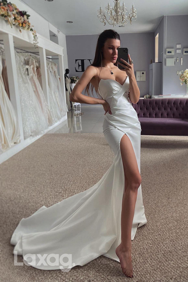 22391 - Sweetheart Draped Sleek Satin High Slit Mermaid Wedding Dress with Trrain