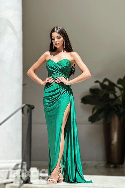 22221 - Sweetheart Draped Sleek Satin Party Prom Formal Evening Dress with High Slit