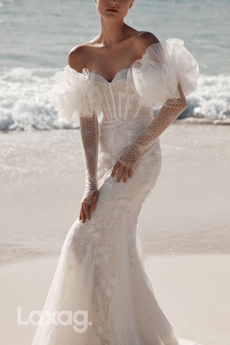 23016 - Sweetheart Fully Sequins Floral Embossed Mermaid Wedding Dress with Train