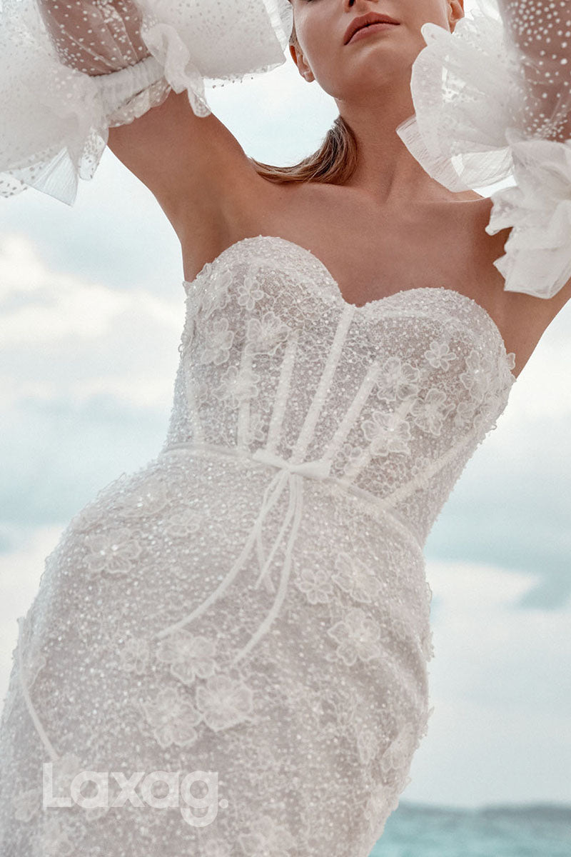 23016 - Sweetheart Fully Sequins Floral Embossed Mermaid Wedding Dress with Train