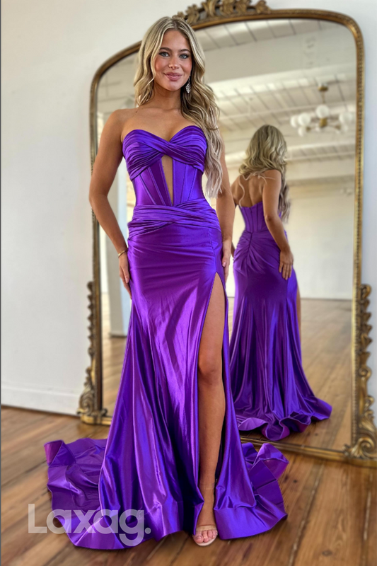 22478 - Sweetheart Sleek Satin High Slit Mermaid Party Prom Formal Evening Dresses