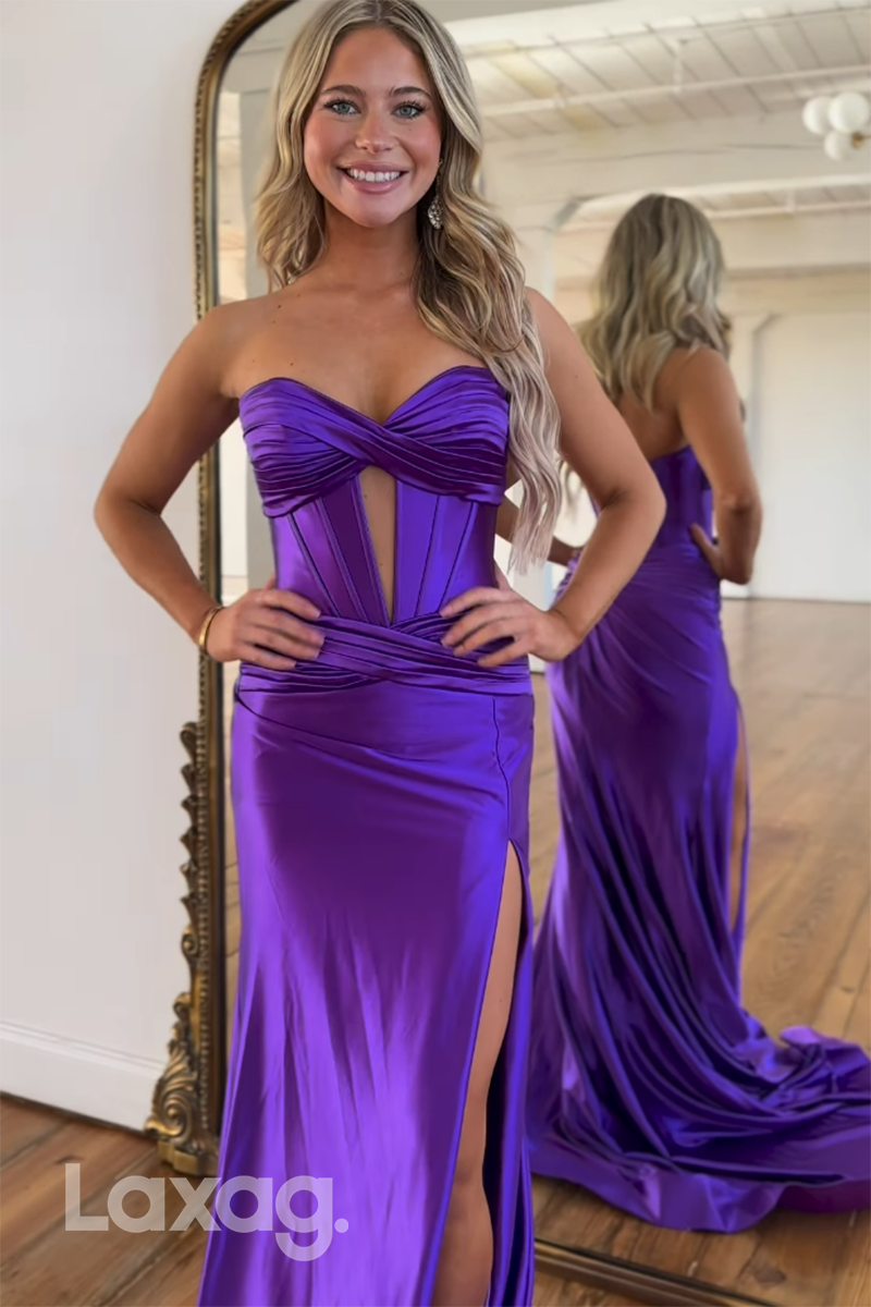 22478 - Sweetheart Sleek Satin High Slit Mermaid Party Prom Formal Evening Dresses