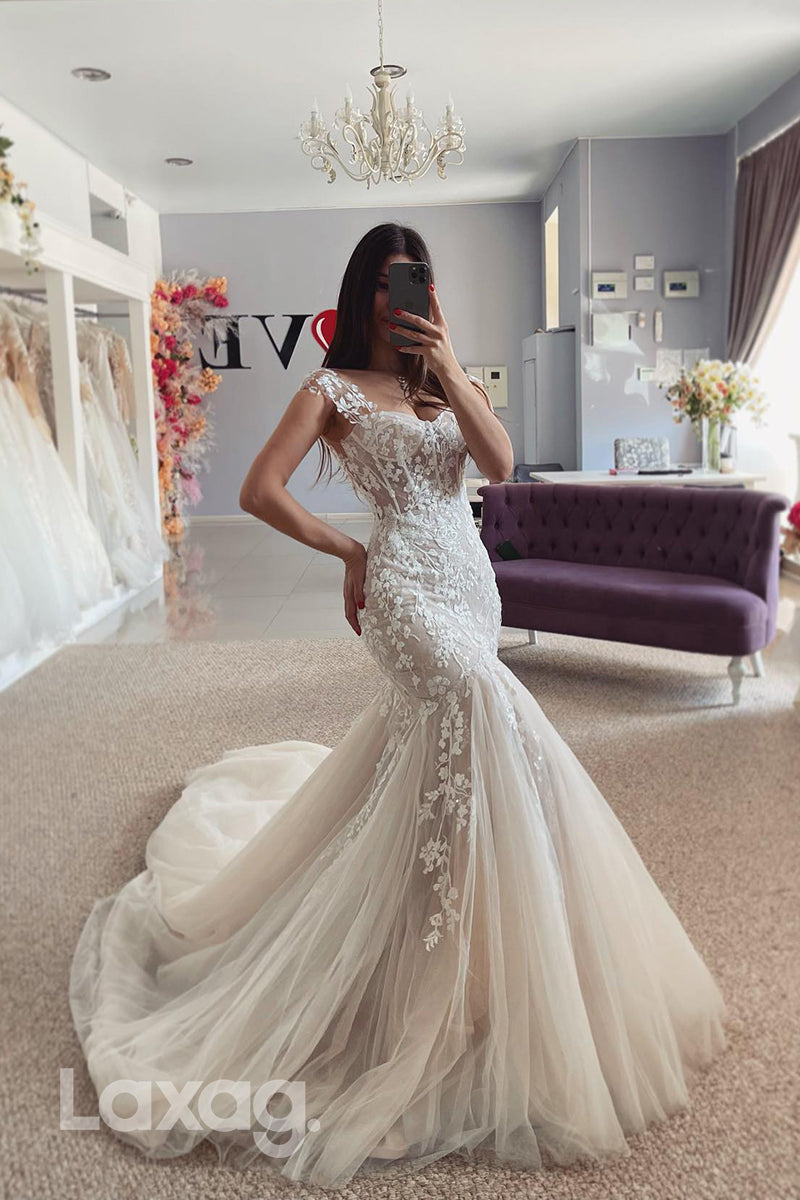 22389 - Sweetheart Straps Fully Appliques Tulle Mermaid Wedding Dress with Train