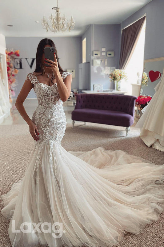 22389 - Sweetheart Straps Fully Appliques Tulle Mermaid Wedding Dress with Train
