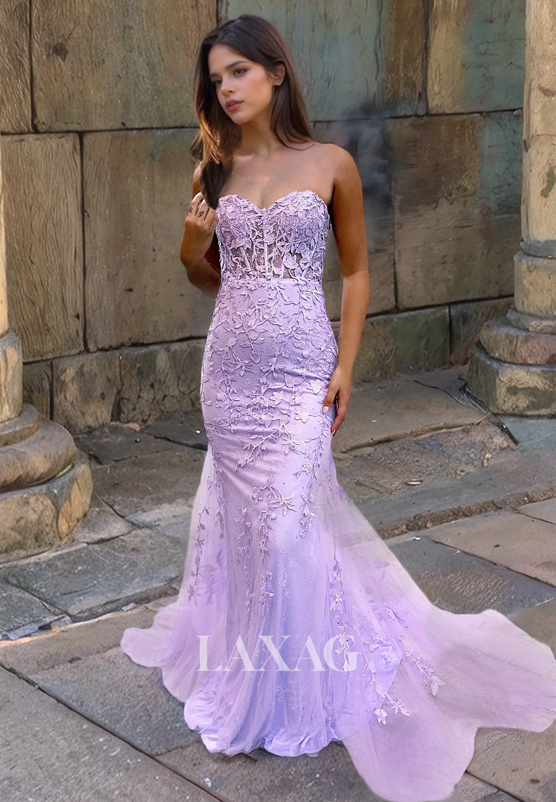 Sweetheart Trumpet&Mermaid Applique Lace Strapless Prom Formal Party Dress