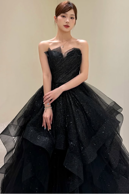 A-Line Sweetheart Off-Shoulder Sleeveless Glitter-Tulle Pleated Tiered Prom Dress with Train