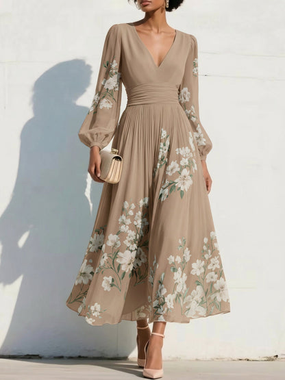 V-Neck Long-Sleeves Print-Chiffon Pleated Tea-Length A-Line Mother of the Bride Dress