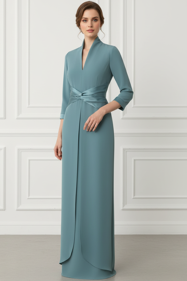 V-Neck 3/4-Sleeves Chiffon Pleated Floor-Length Fitted Mother of the Bride Dress