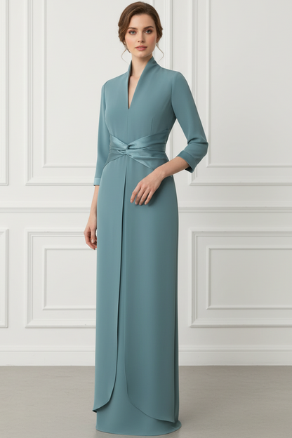 V-Neck 3/4-Sleeves Chiffon Pleated Floor-Length Fitted Mother of the Bride Dress