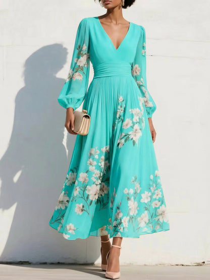 V-Neck Long-Sleeves Print-Chiffon Pleated Tea-Length A-Line Mother of the Bride Dress
