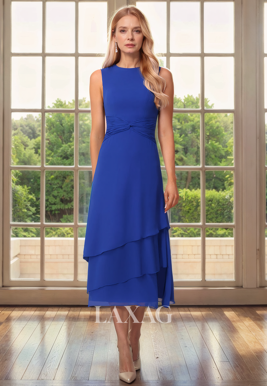 Two-Piece Suit Round Tiered Chiffon Tea-Length Mother Of the Bride Dress