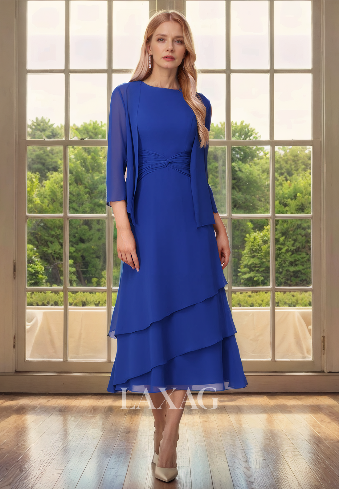 Two-Piece Suit Round Tiered Chiffon Tea-Length Mother Of the Bride Dress