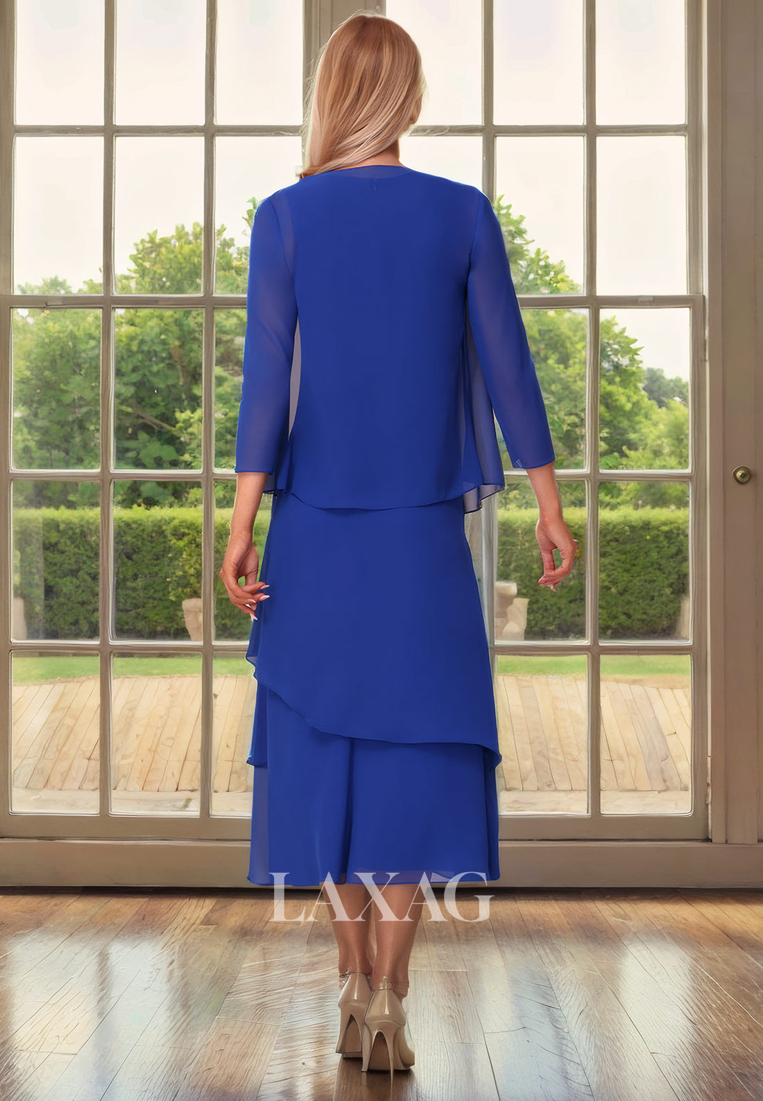 Two-Piece Suit Round Tiered Chiffon Tea-Length Mother Of the Bride Dress