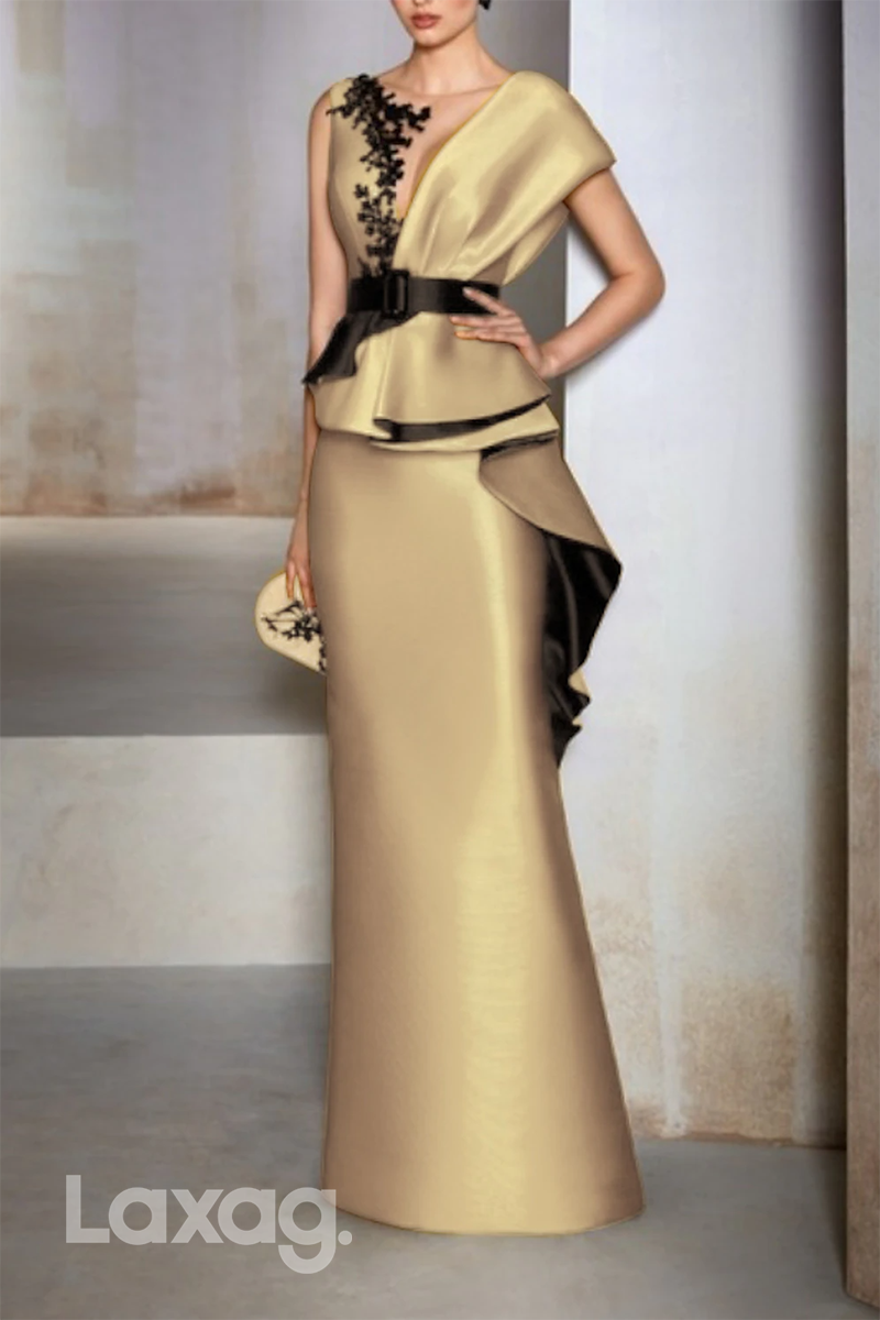 22502 - V-Neck Applique Sleek Satin Mermaid Mother of the Bride Dress