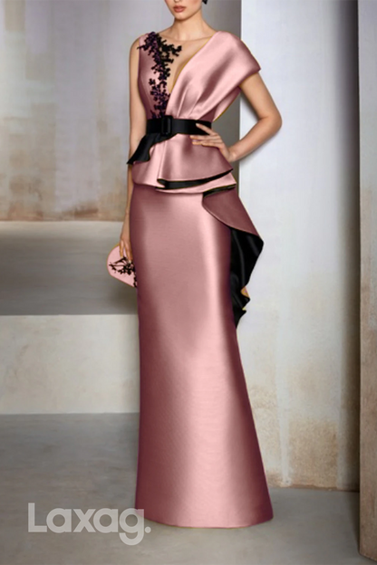 22502 - V-Neck Applique Sleek Satin Mermaid Mother of the Bride Dress