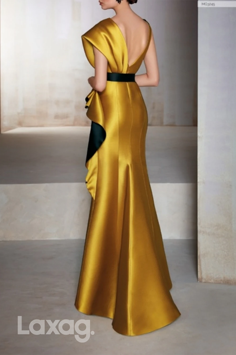 22502 - V-Neck Applique Sleek Satin Mermaid Mother of the Bride Dress