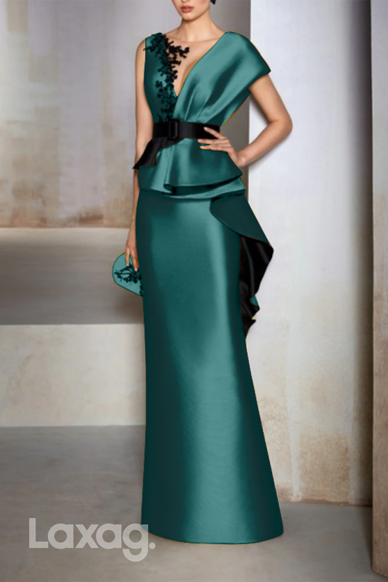 22502 - V-Neck Applique Sleek Satin Mermaid Mother of the Bride Dress