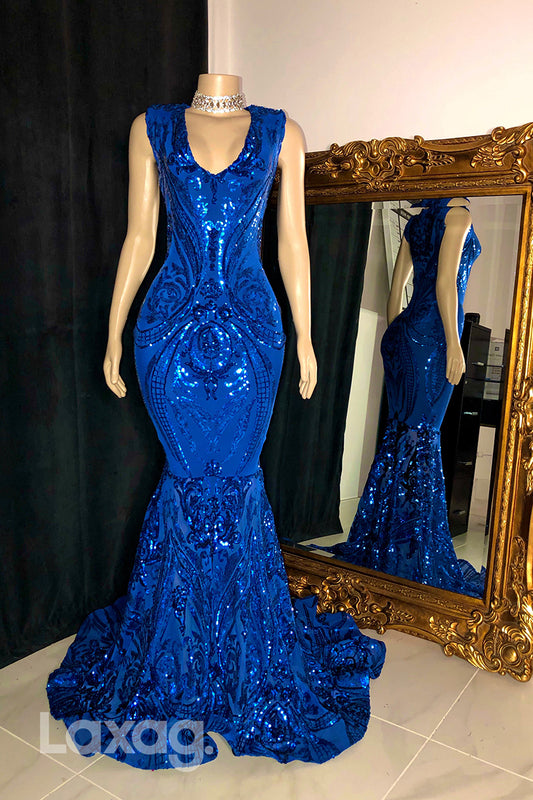 22469 - V-Neck Appliques Sequins Mermaid Prom Dresses for Black Girl Slay