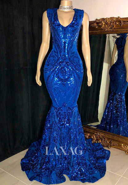 V-Neck Straps Off-Shoulder Sleeveless Appliques Sequins Mermaid Prom Dress for Black Girl Slay