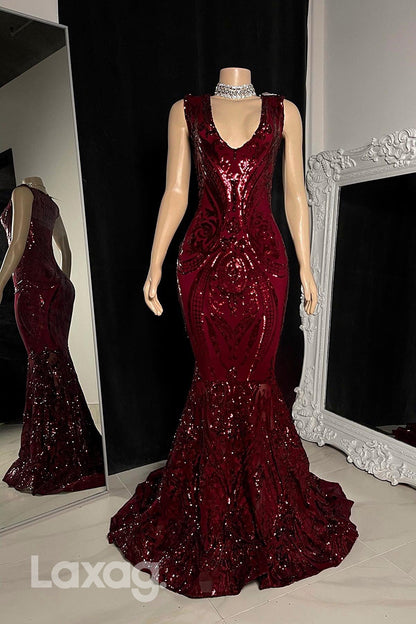 22469 - V-Neck Appliques Sequins Mermaid Prom Dresses for Black Girl Slay