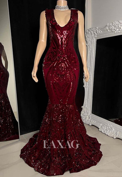 V-Neck Straps Off-Shoulder Sleeveless Appliques Sequins Mermaid Prom Dress for Black Girl Slay