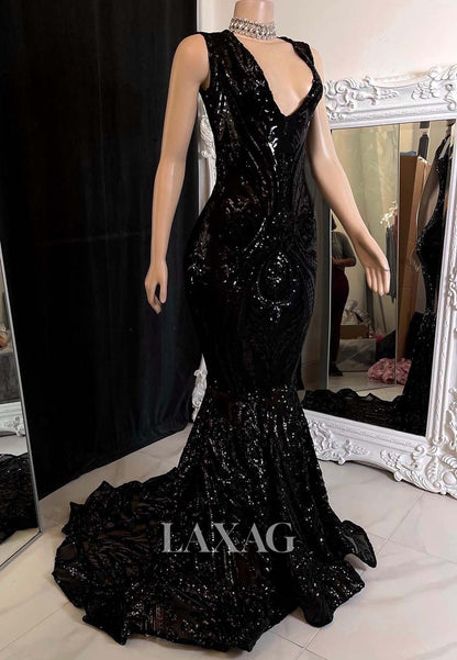 V-Neck Straps Off-Shoulder Sleeveless Appliques Sequins Mermaid Prom Dress for Black Girl Slay