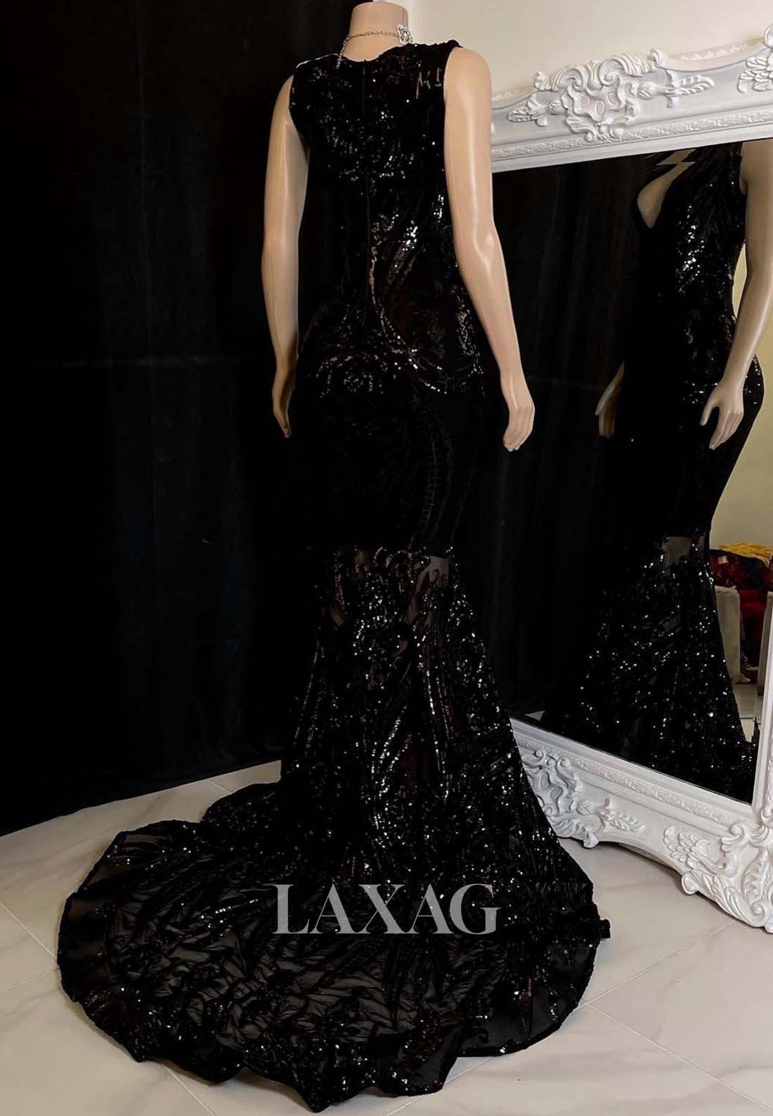 V-Neck Straps Off-Shoulder Sleeveless Appliques Sequins Mermaid Prom Dress for Black Girl Slay