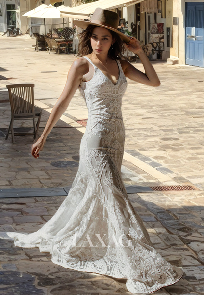 V-Neck Backless Lace Tulle Elegant Mermaid Wedding Dress with Train