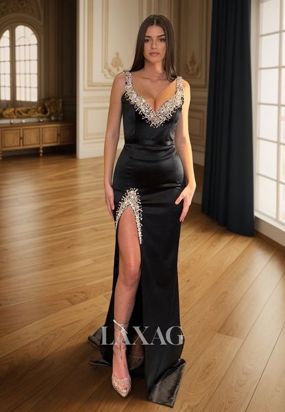 23169 - V-Neck Beaded High Slit Mermaid Party Prom Formal Evening Dress with Train