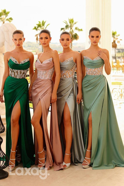 22164 - V-Neck Beaded illusion Draped Sleek Satin High Slit Party Prom Formal Evening Dress