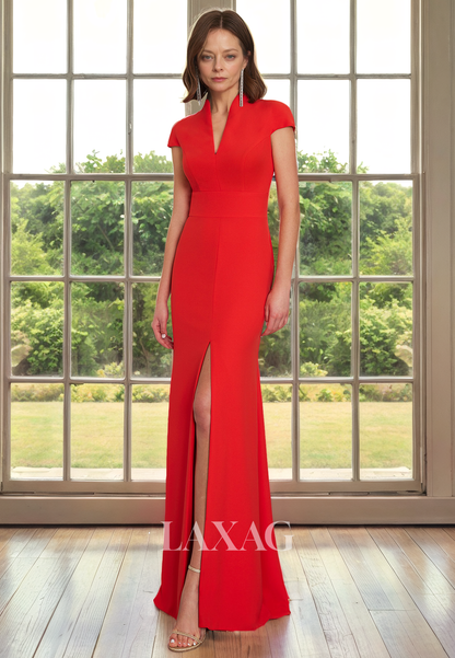 V-Neck Cap Sleeves Sleek Satin Elegant Mother of the Bride Dress with Slit and Train