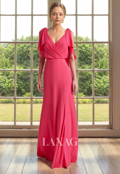 V-Neck Chiffon Eleagant  Mother of the Bride Dress with Train