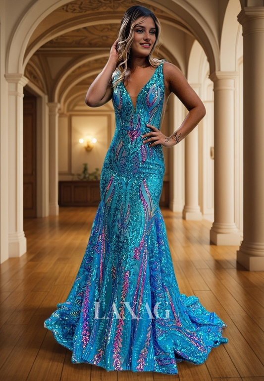 23187 - V-Neck Fully Sequins Mermaid Party Prom Formal Evening Dress with Train