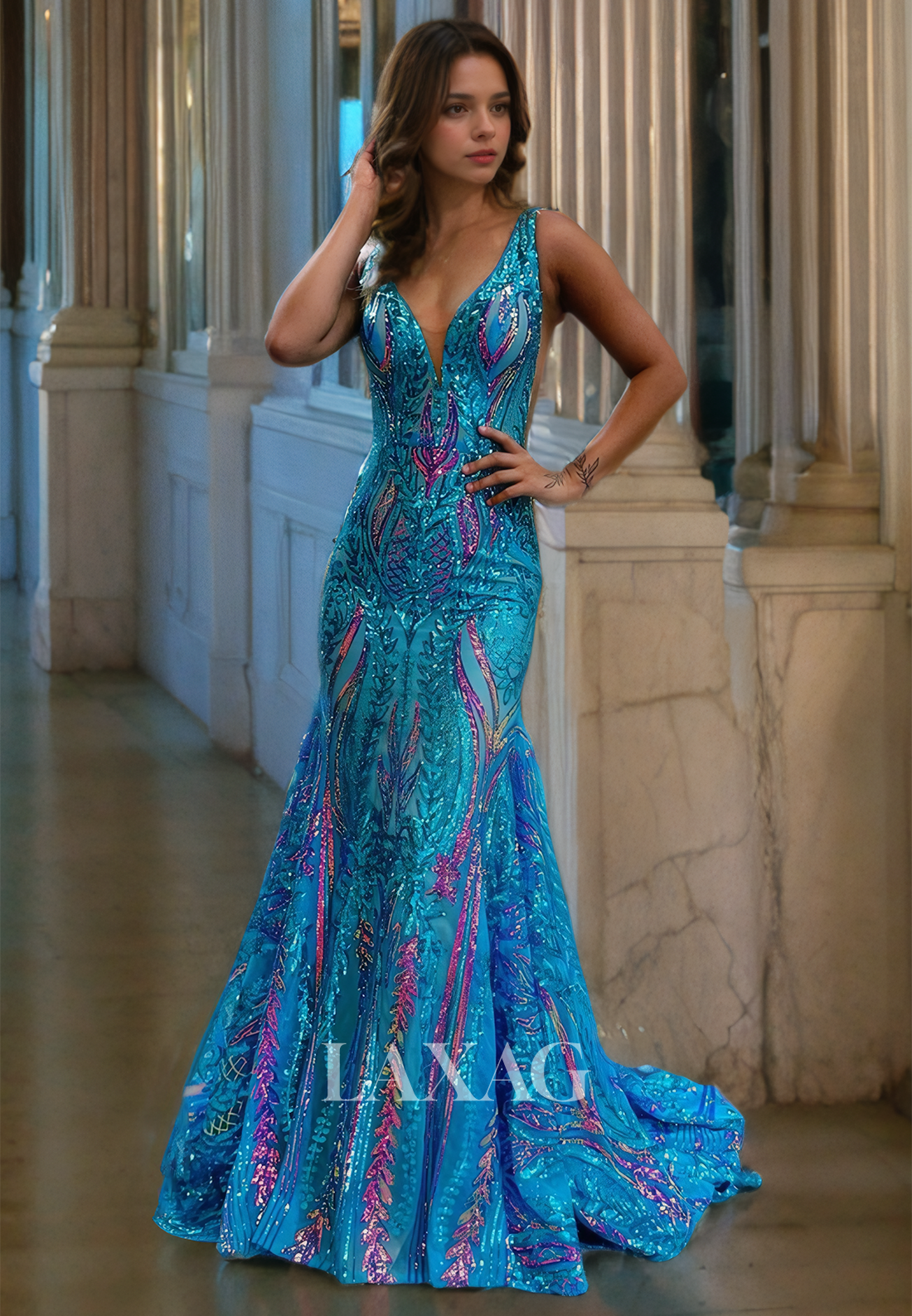 V-Neck Fully Sequins Mermaid Party Prom Formal Evening Dress with Train