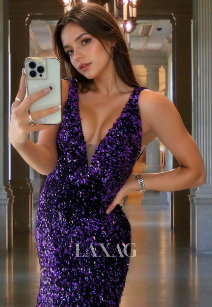 13726 - Plunging Illusion V Neck Purple Prom Evening Dress