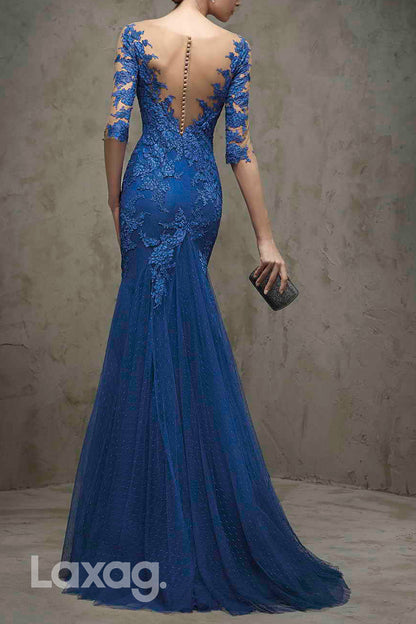 22738 - V-Neck Half Sleeves Appliques Open Back Tulle Mermaid Mother of the Bride Dress