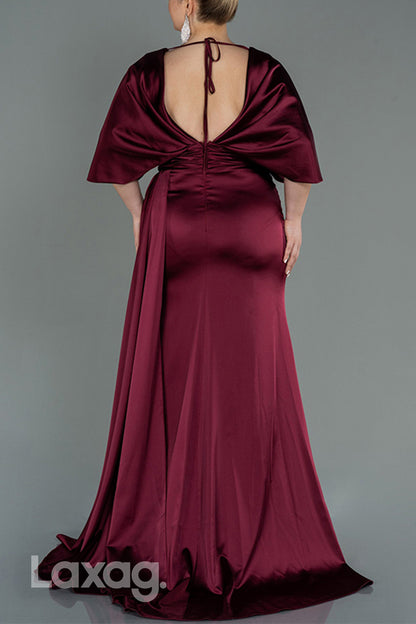 22742 - V-Neck Half Sleeves Beaded Open Back Mother of the Bride Dress with Slit