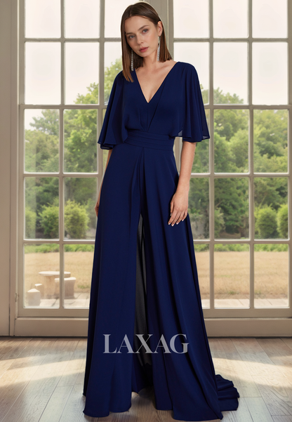 V-Neck Half Sleeves PantSuit Chiffon Mother of the Bride Dress with Train