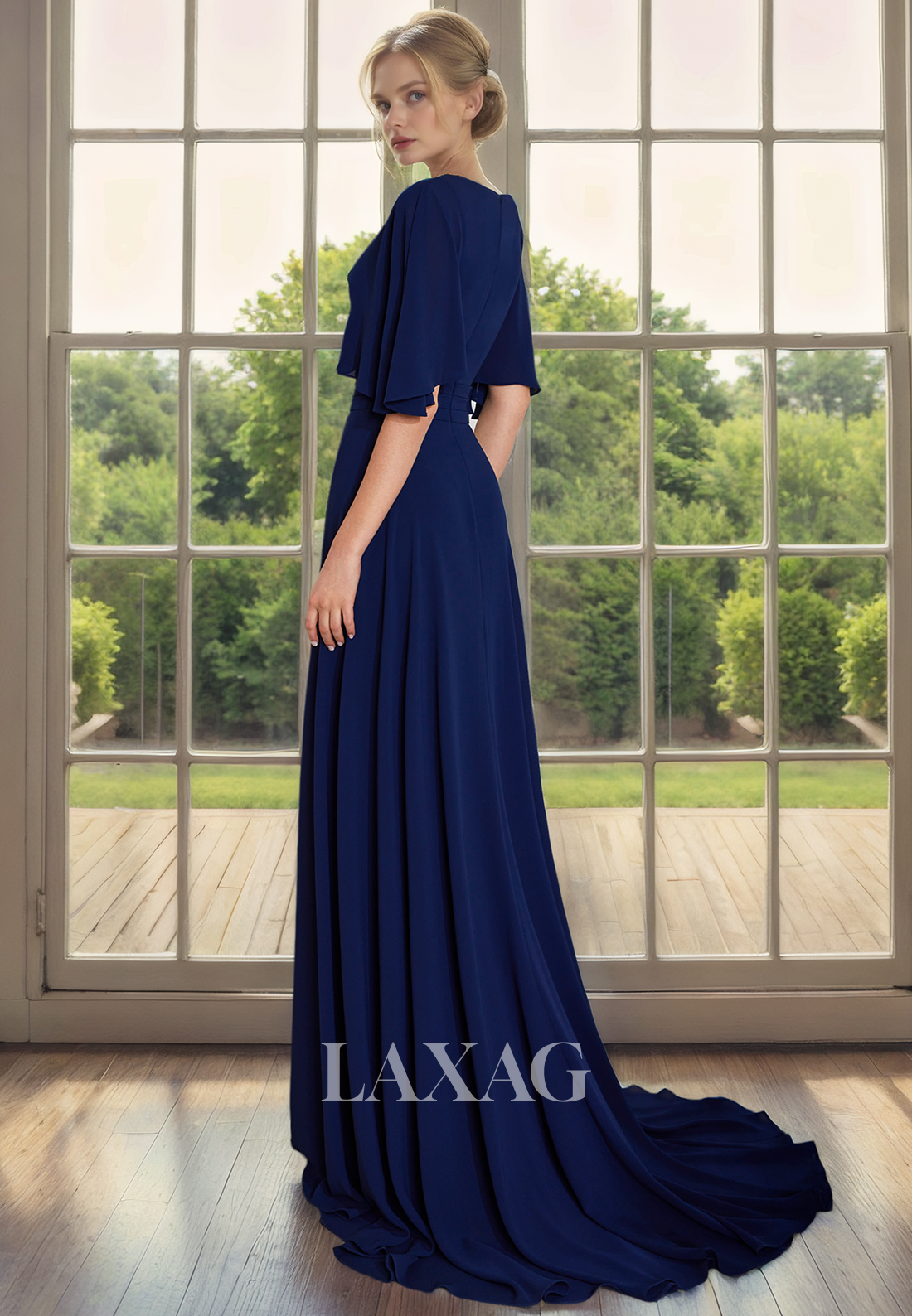 V-Neck Half Sleeves PantSuit Chiffon Mother of the Bride Dress with Train